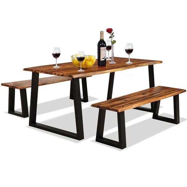 Gymax Picnic Table Set Acacia Wood 3 Piece Table Bench Outdoor Patio