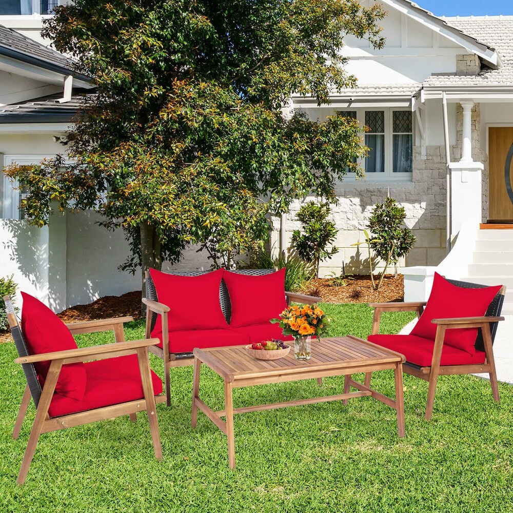 Gymax 8PCS Patio Conversation Set Wood Frame Furniture Set w/ Red   See Details