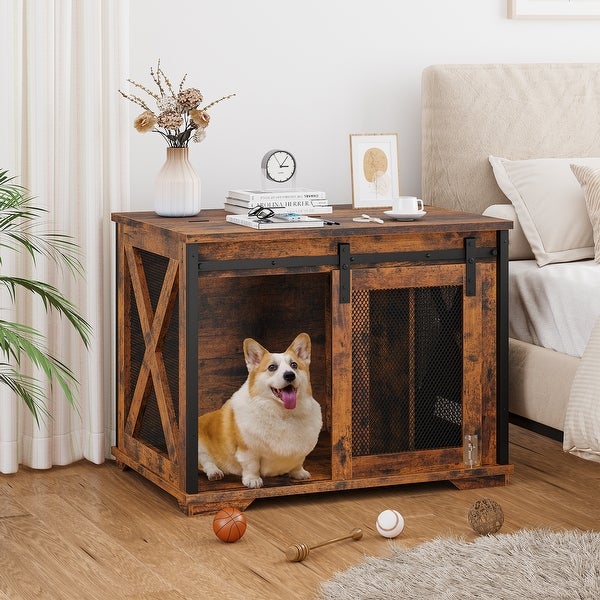 37'' Sliding Barn Door Dog Crate Furniture with Flip Top and Movable Divider， Wooden Dog Crate Table