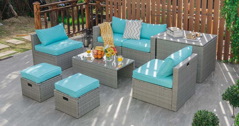 8 Pcs Rattan Patio Sectional Furniture Set Wicker Outdoor Cushioned Sofa Set with Storage Box & Waterproof Cover