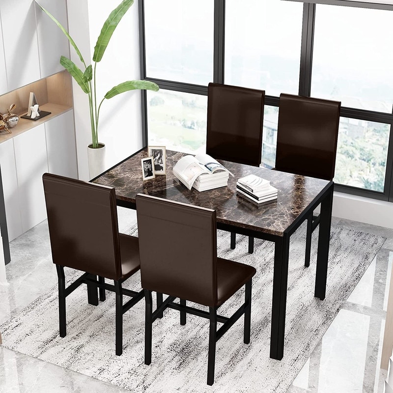 Modern Faux Marble 5 Pieces Kitchen Dining Set with 4 Cushion PU Leather Chairs