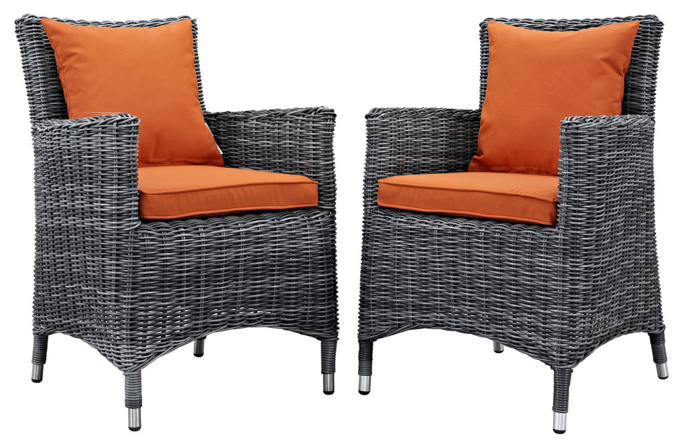 Summon Outdoor Wicker Rattan Sunbrella Armchairs  Set of 2   Tropical   Outdoor Dining Chairs   by ShopFreely  Houzz