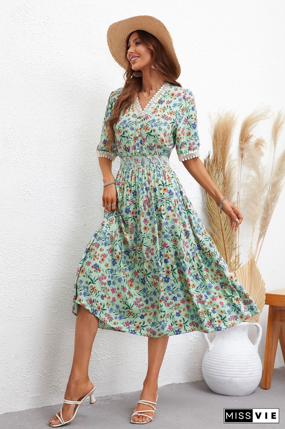 Elegant Floral Print Dress For Women Summer Dresses New Button High Waist Slim Midi Lace V-Neck Short Sleeve Dress