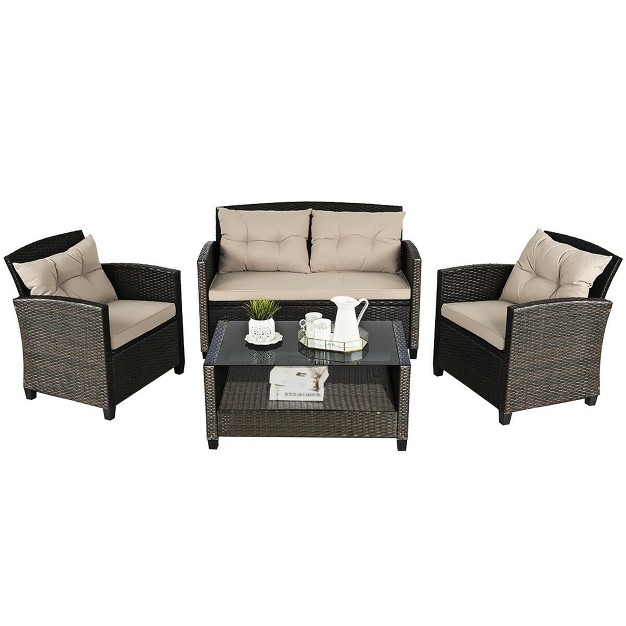 Costway 4pcs Outdoor Rattan Furniture Set Cushioned Sofa Armrest Chair Lower Shelf Brown