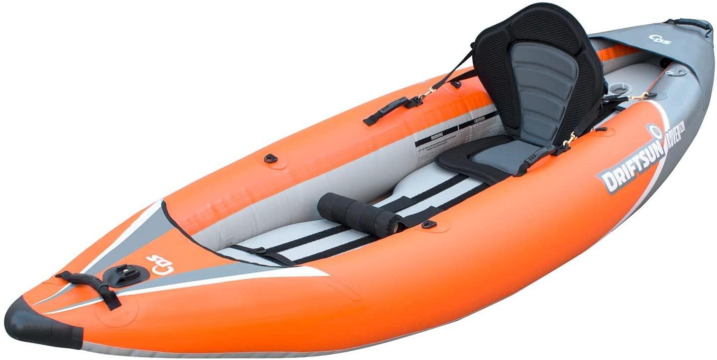 Driftsun Rover 120/220 Inflatable Tandem White-Water Kayak with High Pressure Floor and EVA Padded Seats with High Back Support, Includes Action Cam Mount, Aluminum Paddles, Pump and More