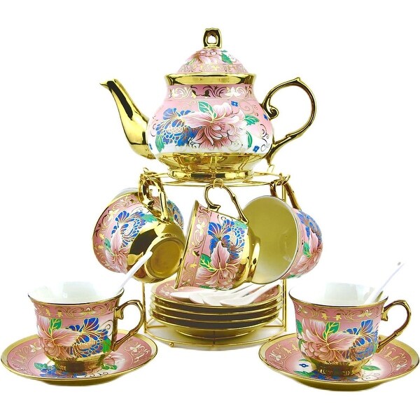 20 Pieces Porcelain Chinese Tea Set With Holder and Painting，Pink