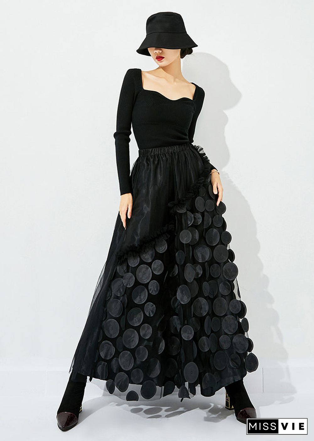 Original Design Black Elastic Waist Patchwork Wrinkled Tulle Skirt Summer