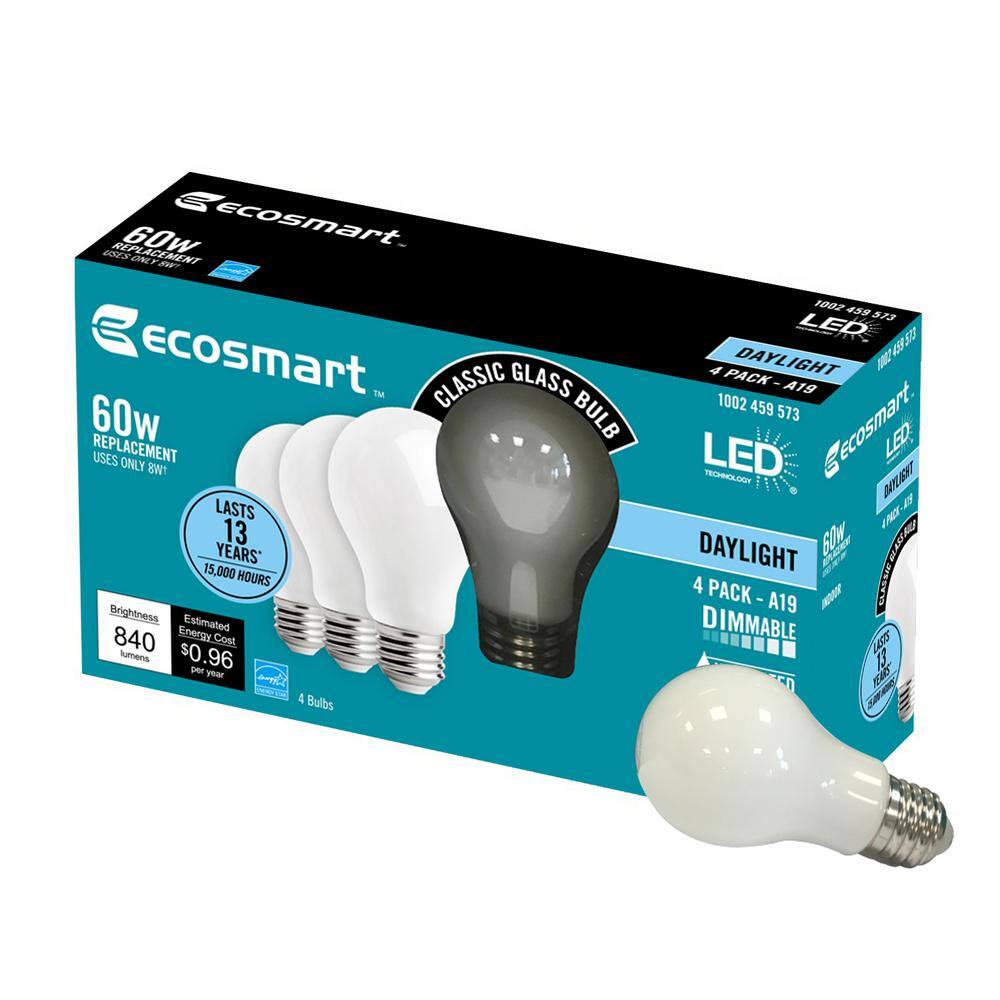 EcoSmart 60-Watt Equivalent A19 Dimmable ENERGY STAR Frosted Filament LED Light Bulb Daylight (4-Pack) B8A19A60WESQD03