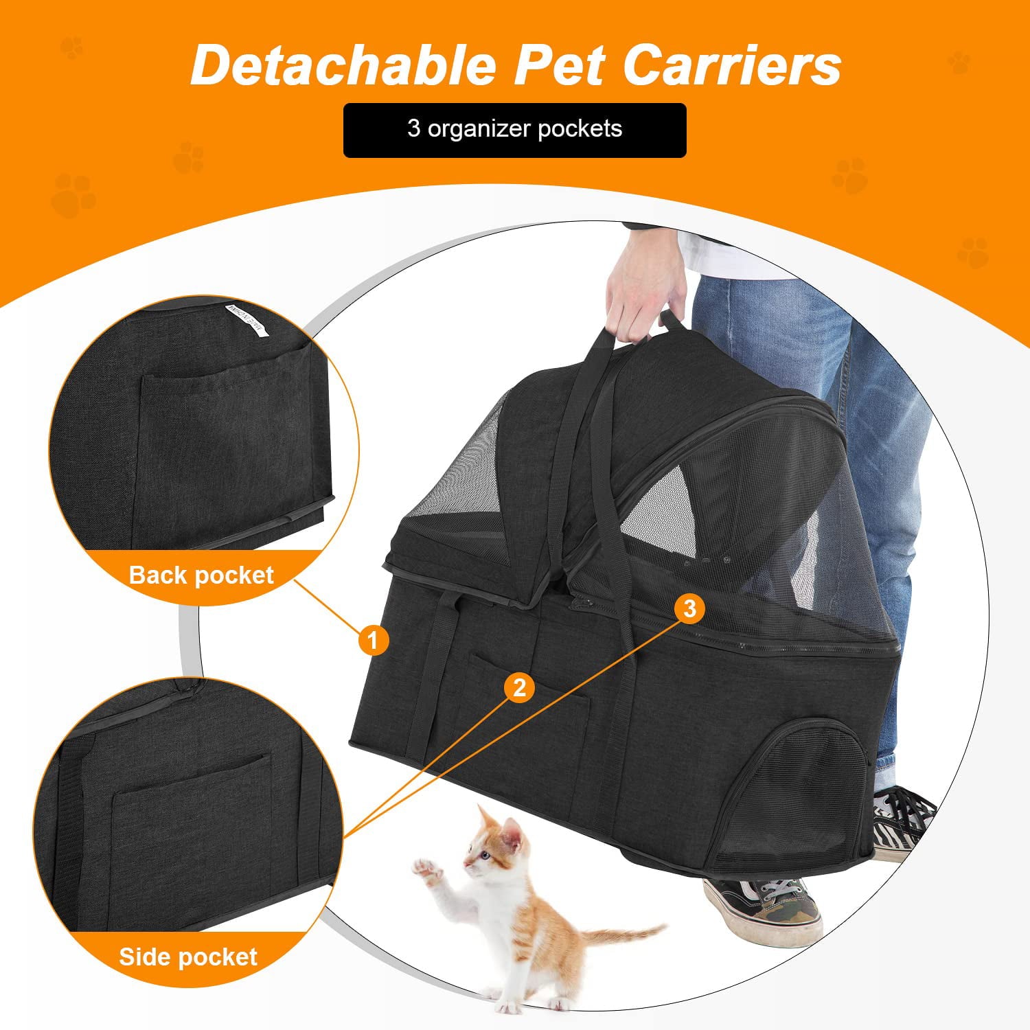 BestPet 3-in-1Pet Stroller Premium Multifunction Dog Cat with Detachable Carrier andCup Holder，Black