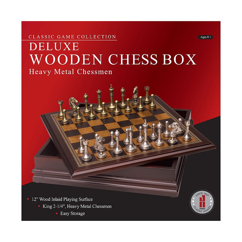 John N. Hansen Co. Classic Game Collection Deluxe Wooden Chess Box with Heavy Metal Chessmen