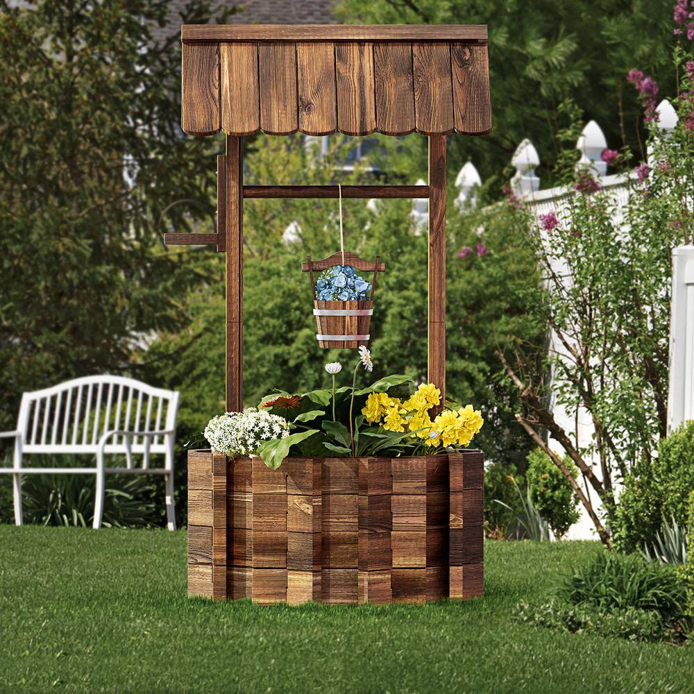 Sizzim Outdoor Wishing Well Wooden Planter with Hanging Bucket for Garden Patio Yard Decor Upgrade - Reinforced Base SM-28002