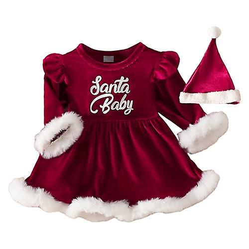 Christmas Newborn Outfit Girl，Long Sleeve Toddler Santa Print Dress with Hat - Baby Christmas Outfit