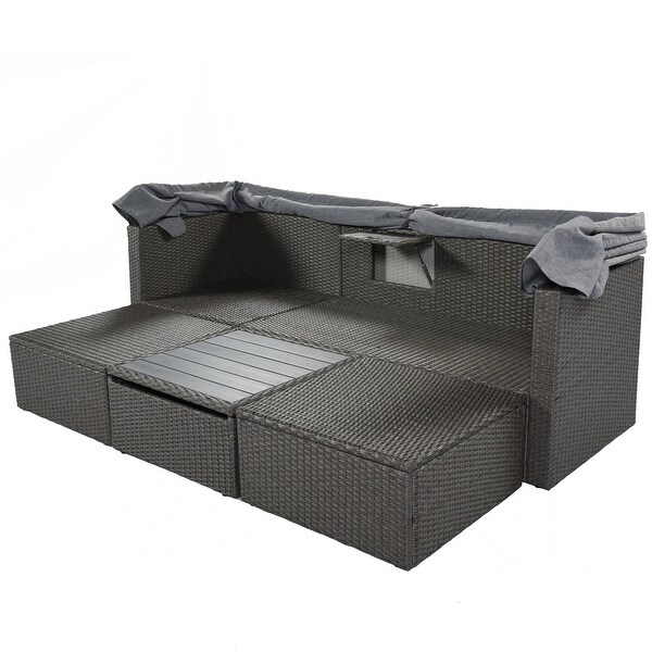 4Piece Outdoor Wicker Sectional Patio Daybed with Canopy and Ottoman