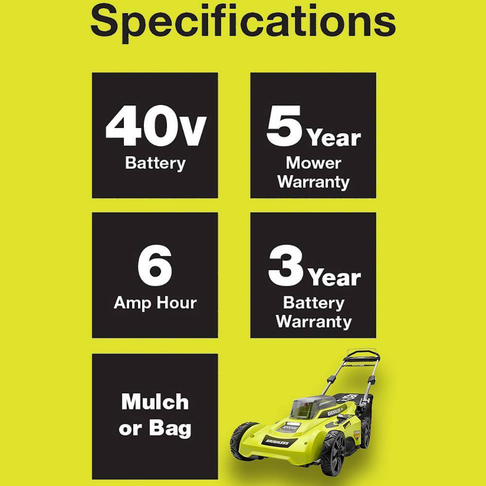 RYOBI 40V Brushless 20 in. Cordless Battery Walk Behind Push Lawn Mower with 6.0 Ah Battery and Charger RY401110