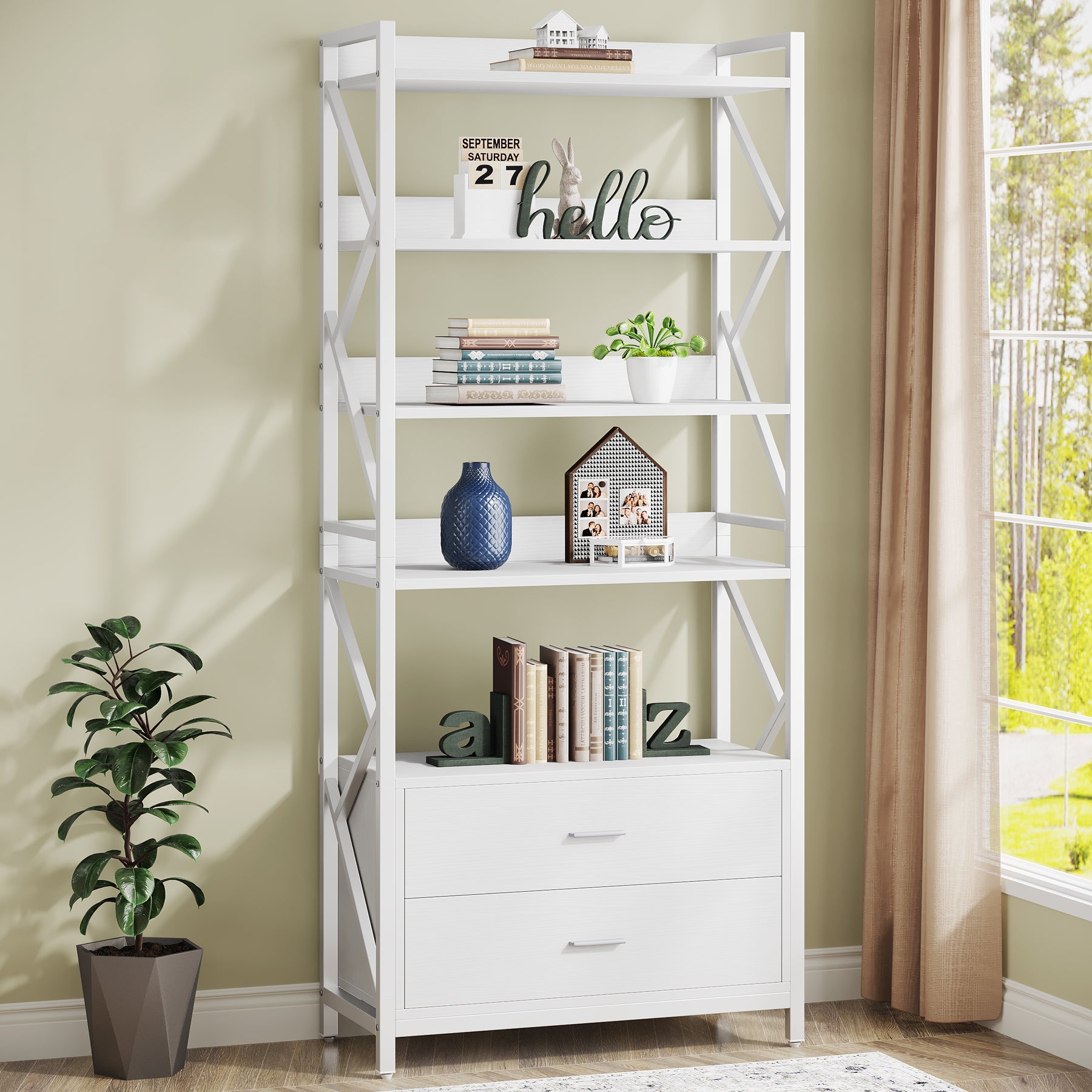 70.86 Bookshelf, Industrial 5-Tier Bookcase with 2 Drawers