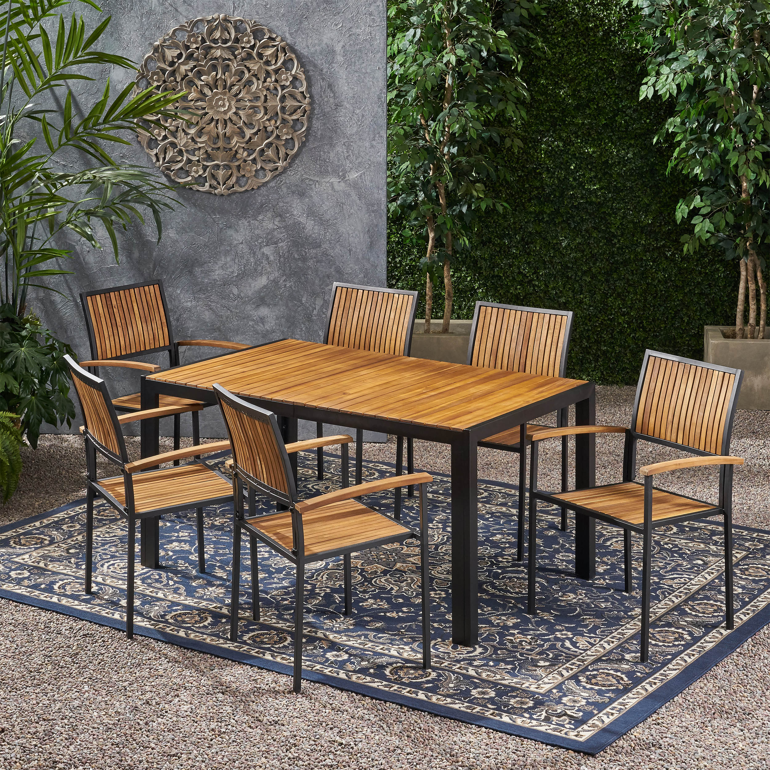 Grace Outdoor 6 Seater Acacia Wood Dining Set with an Iron Frame