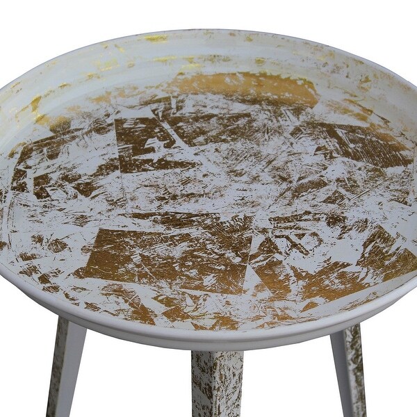 20 Inch Artisanal Industrial Round Tray Top Iron Side End Table， Tripod Base， Distressed White， Gold - 20 H x 16 W x 16 L