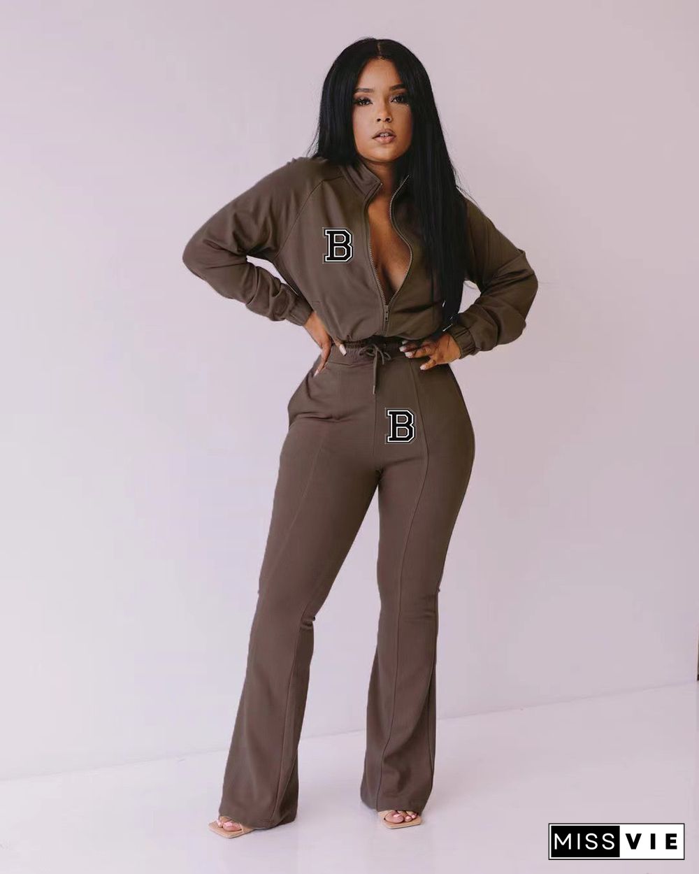 Sportswear Zip-up Jacket Flare Pants Two Piece Sets