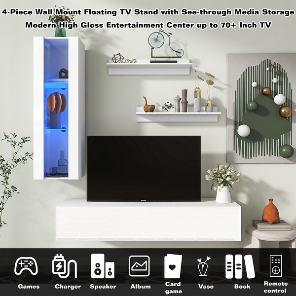 4-Piece Wall Mount Floating TV Stand with Media Cabinet RGB Lights