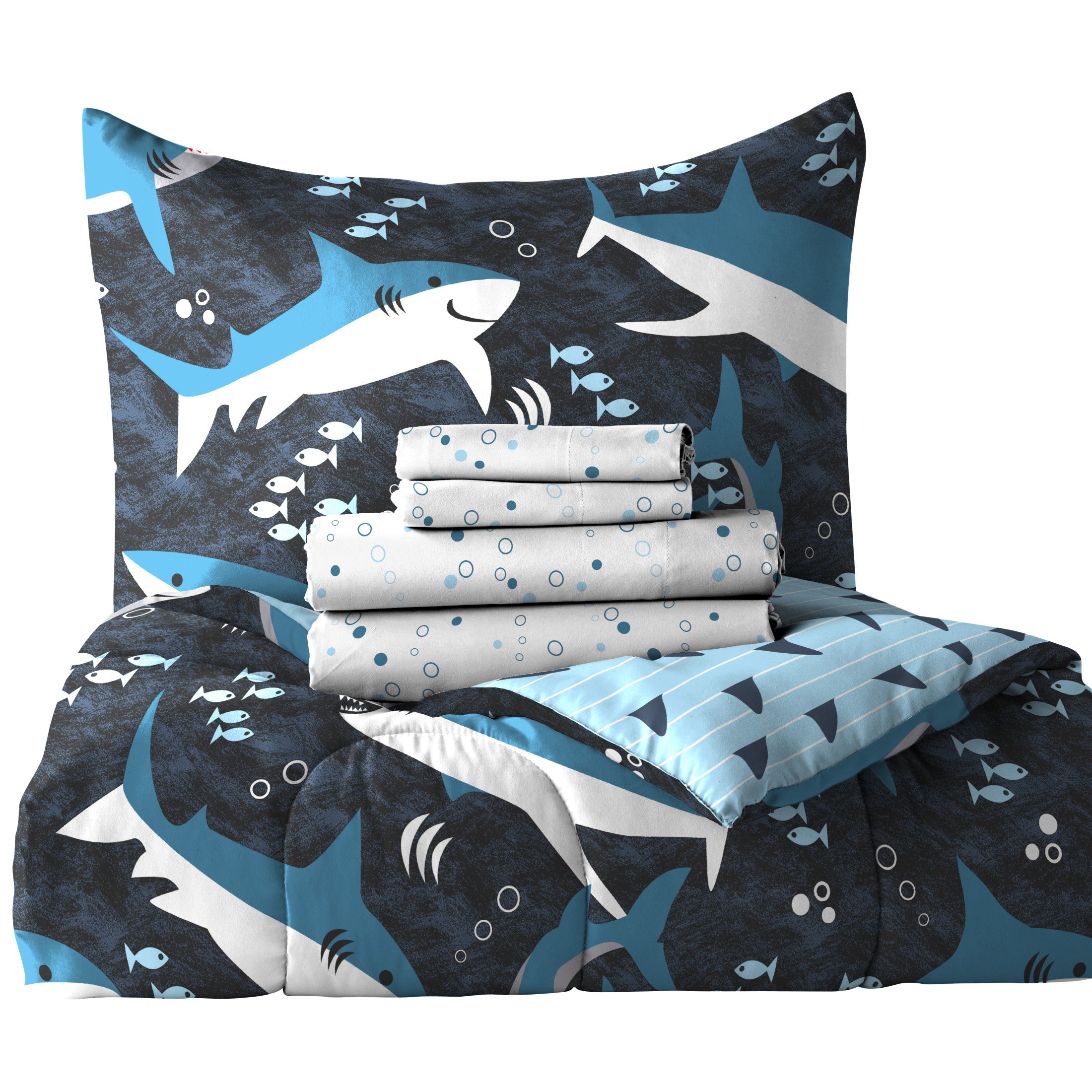 Dream Factory Sharks Twin 5 Piece Comforter Set， Polyester， Microfiber， Blue