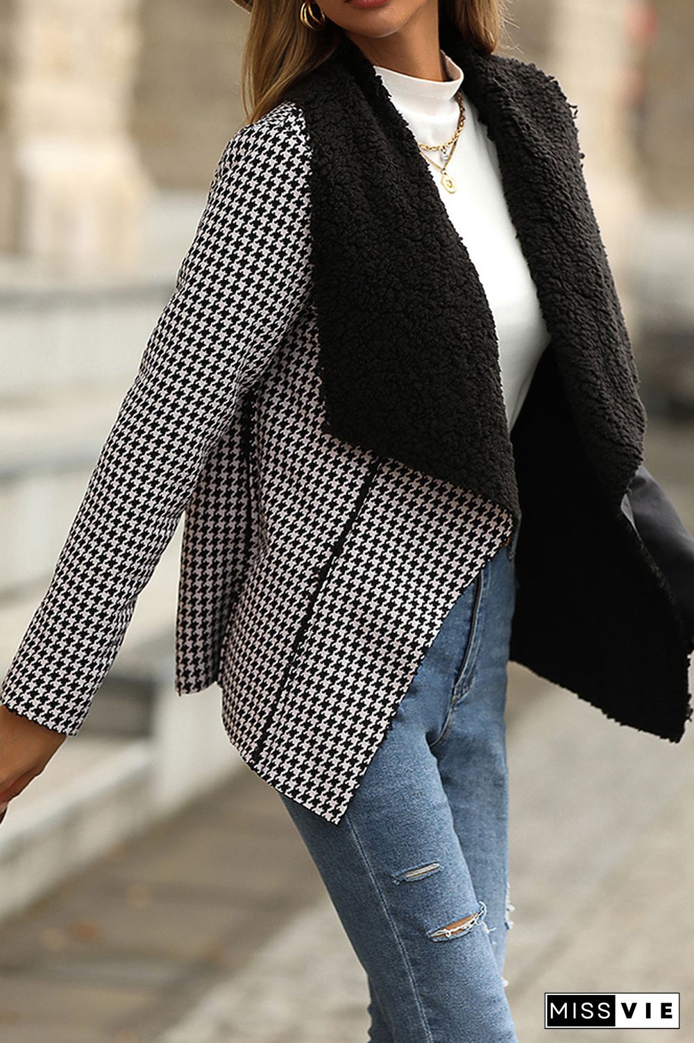 Houndstooth Lapel Collar Color Block Fleece Lining Jackets