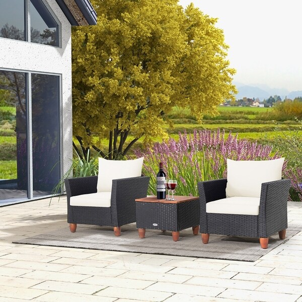 3PCS Patio Rattan Furniture Set Sofa Storage Table with Wood Top