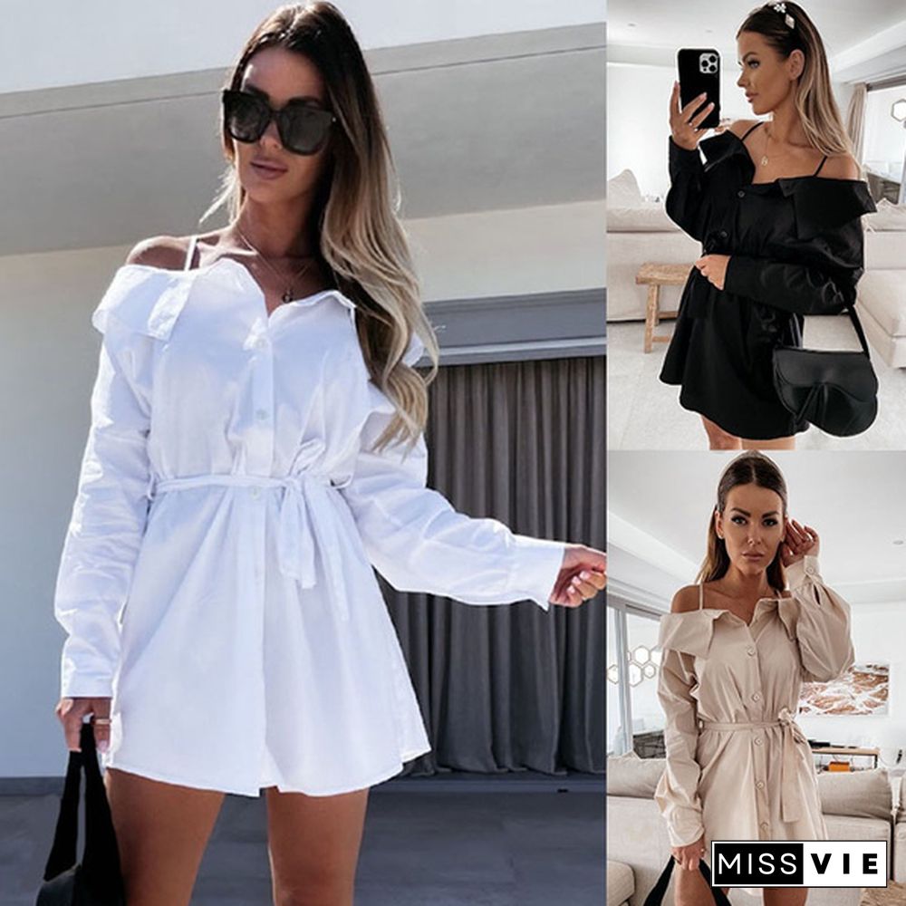 Turn-down Collar Long Sleeves Spaghetti Strap Off Shoulder Dress Casual Shirt Dress OL Office Dress Vestidos