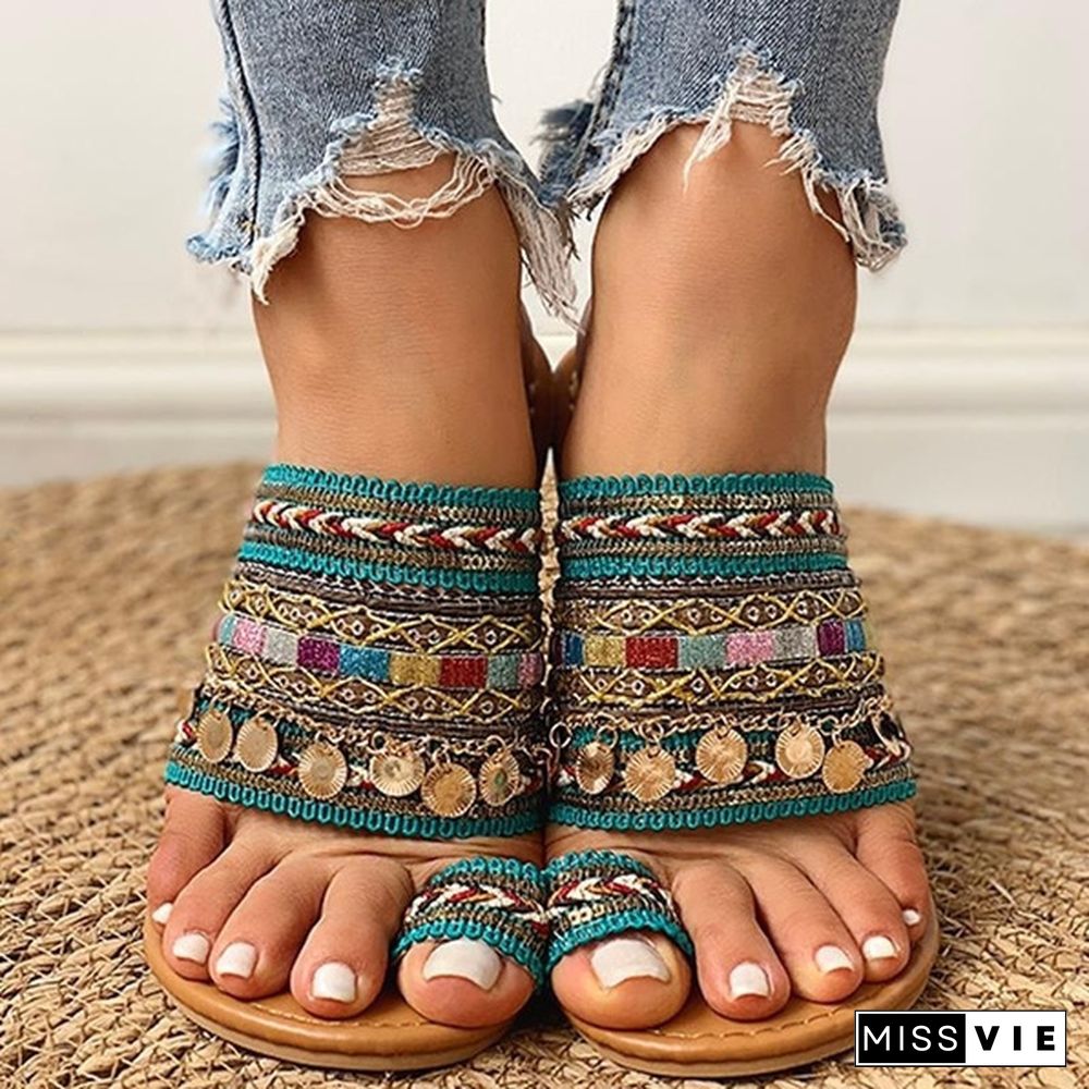 Women Fashion Summer Slipper Ethnic Boho Style Toe Ring Sandals