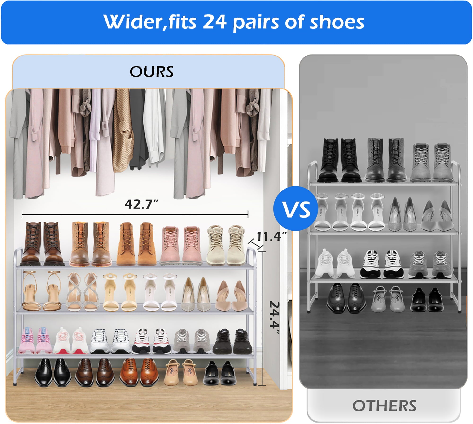 MISSLO 3 Tier Extra Long Shoe Rack for Closet and Entryway Adjustable Metal Shoe Shelf Storage Organizer Holds 24 Pairs of Men Sneakers， Silver