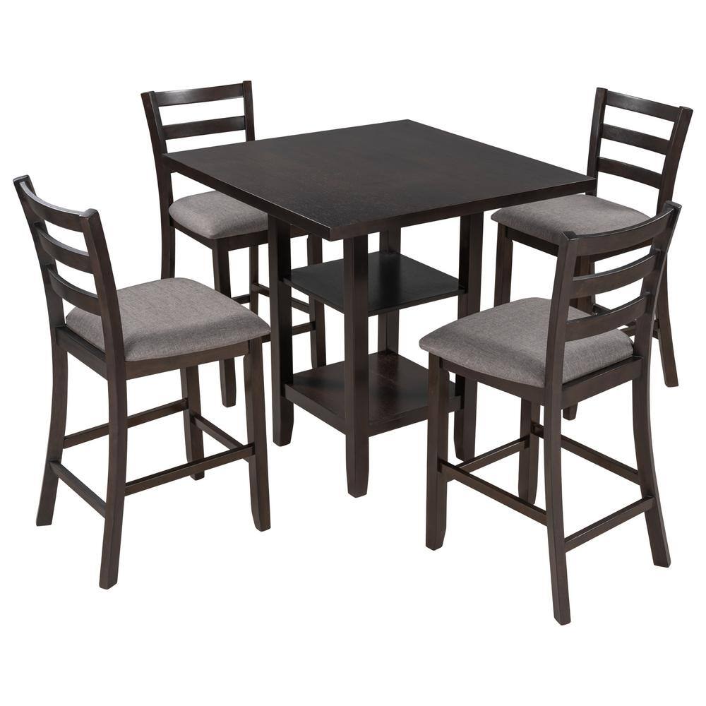 ANBAZAR 5-Piece Espresso Wood Counter Height Dining Table Set 4-Seats Square Table Set with 4 Padded Chairs and 2-Tier Shelves 01668ANNA-P