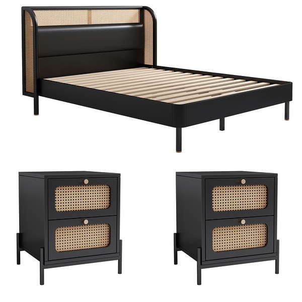 3 Pieces Modern Cannage Rattan Wood Bedroom set - - 37927693