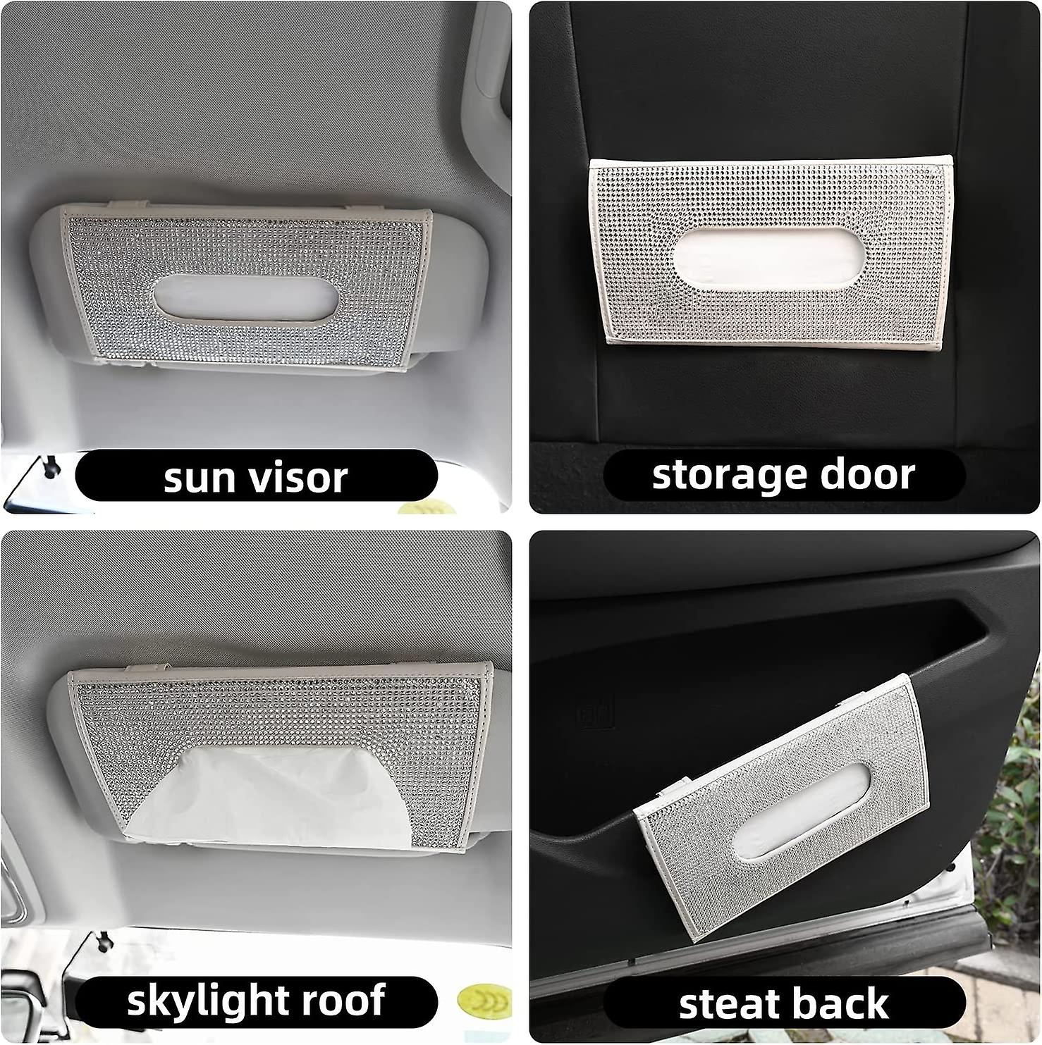 Bling Bling Car Sun Visor Tissue Box Holder，crystal Sparkling Napkin Holder，pu Leather Backseat Tissue Case Car Accessories For Women， Beige