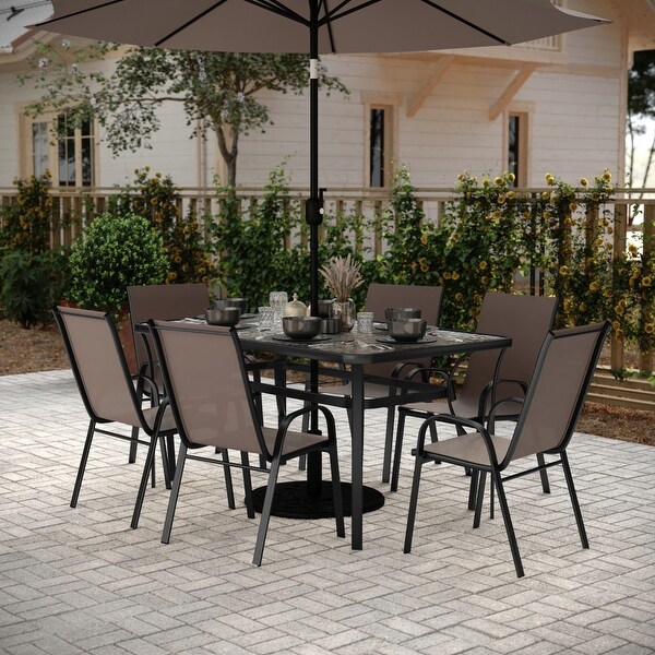 Commercial 7 Pc Outdoor Patio Dining Set with Glass Table and 6 Chairs