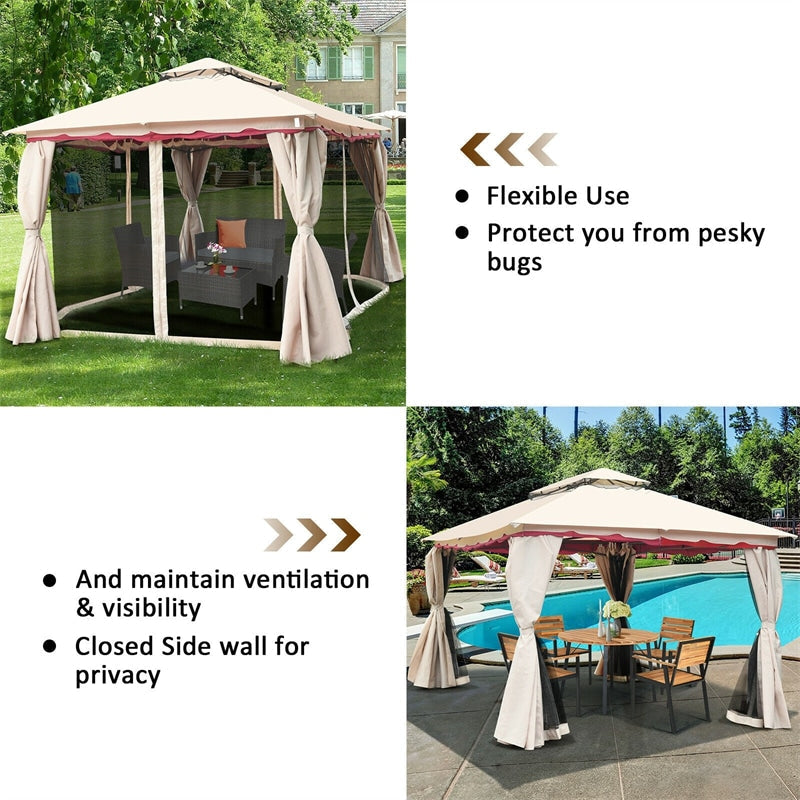 10 x 10 FT Patio Metal Gazebo with Netting, 2 Tier Vented Roof Outdoor Canopy Gazebo Tent