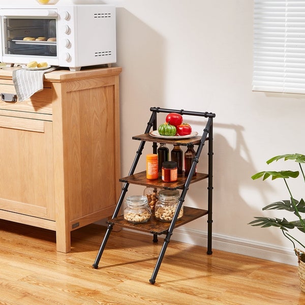 Industrial 3-Tier Ladder Shelf， Leaning Open Wood Storage Shelfing Rack