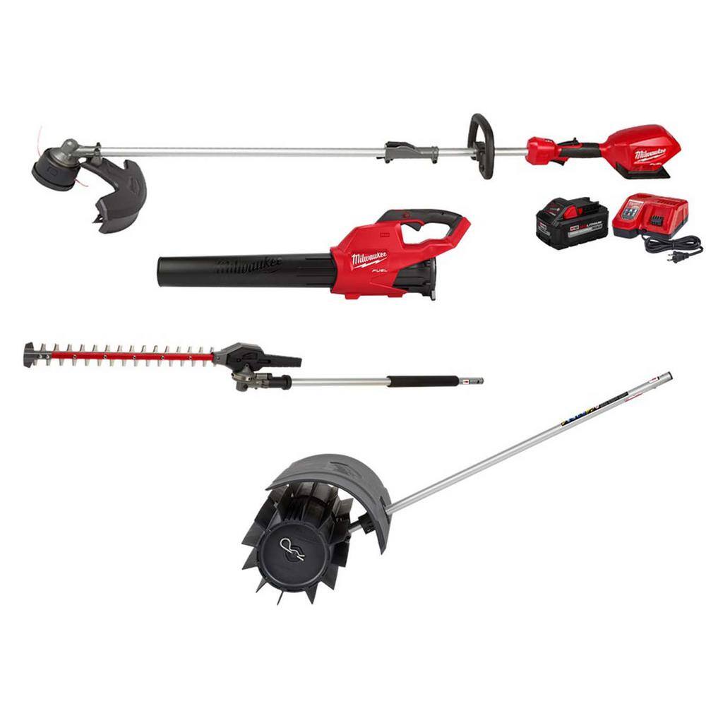 MW M18 FUEL 18-Volt Lithium-Ion Brushless Cordless Electric String TrimmerBlower Combo Kit wRubber Broom Hedge (4-Tool) 3000-21-49-16-2740-49-16-2719