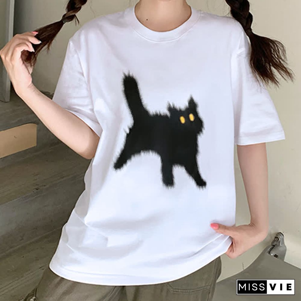 Cartoon Cat Print Round Collar Oversized T-Shirt