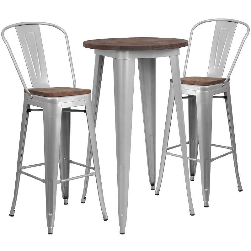 Emma and Oliver 24 Round Silver Metal/Wood Bar Table Set - 2 Stools