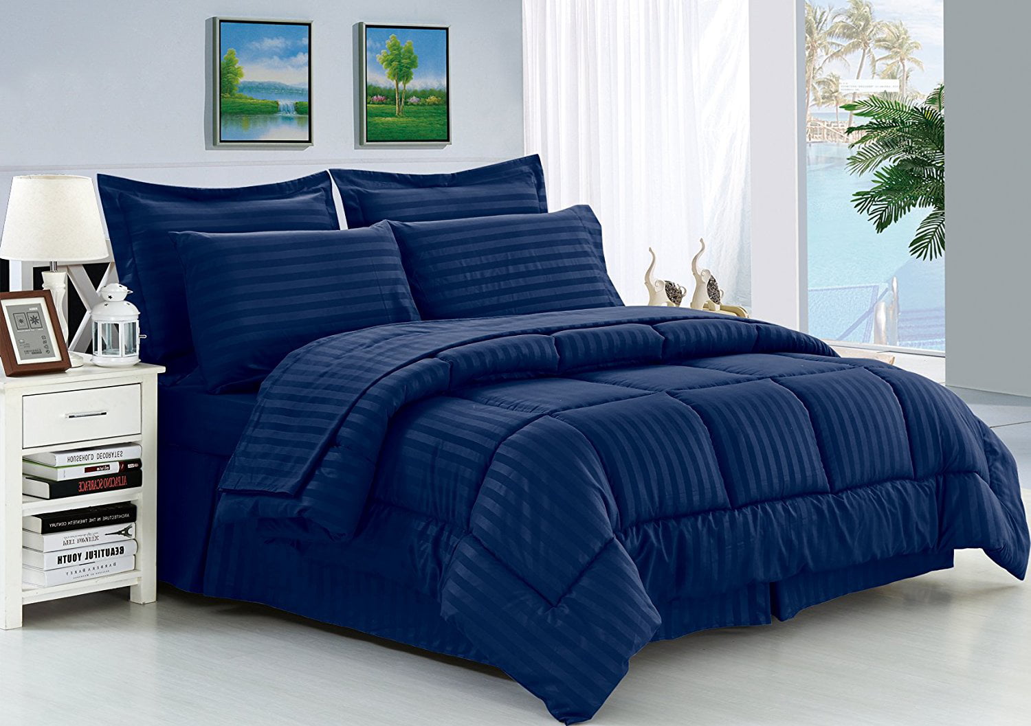 Elegant Comfort Wrinkle Resistant - Silky Soft Dobby Stripe Bed-in-a-Bag 8-Piece Comforter Set --HypoAllergenic - Full/Queen， Navy Blue