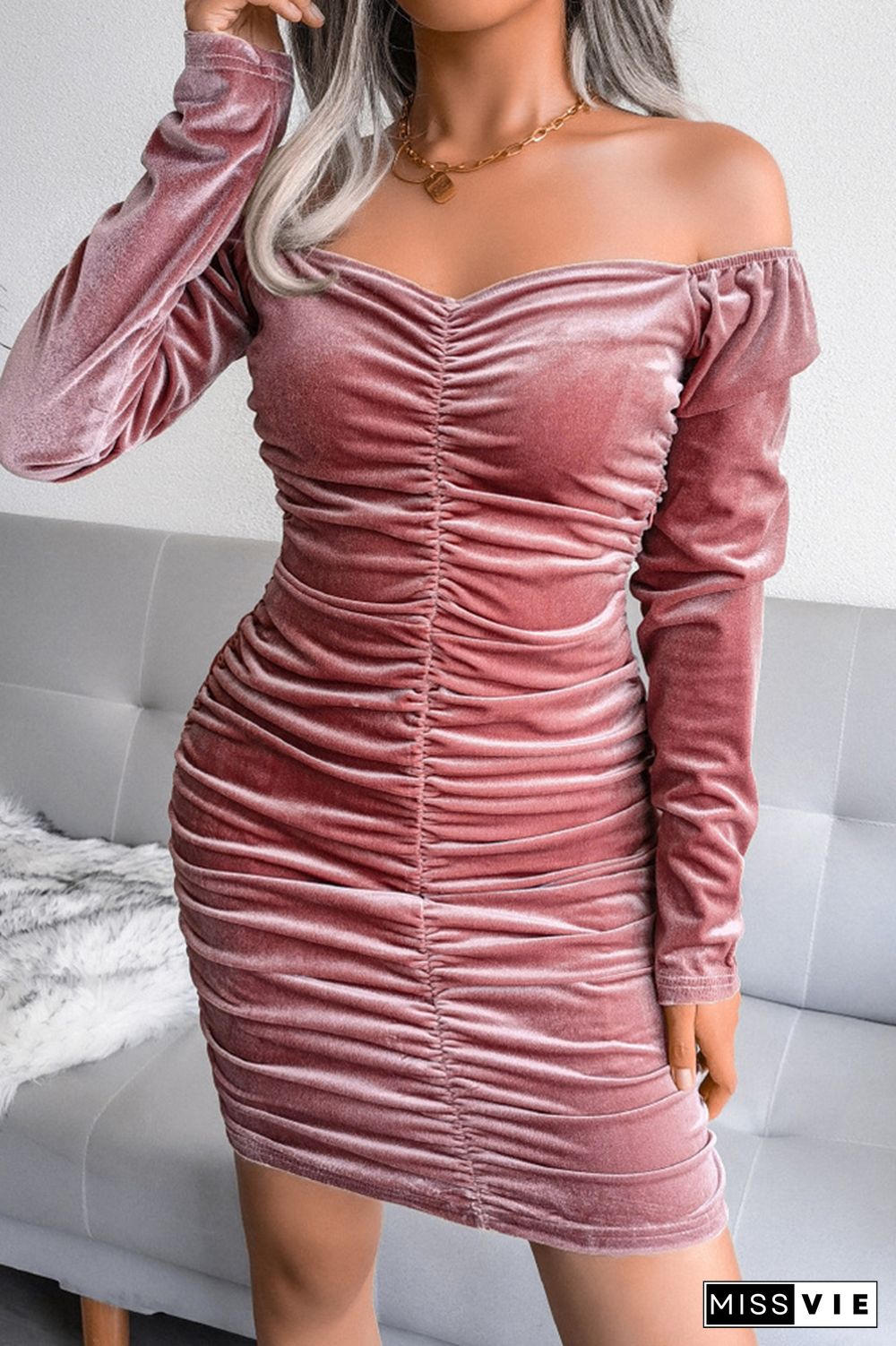 Open Bust Ruched Velvet Bodycon Dress