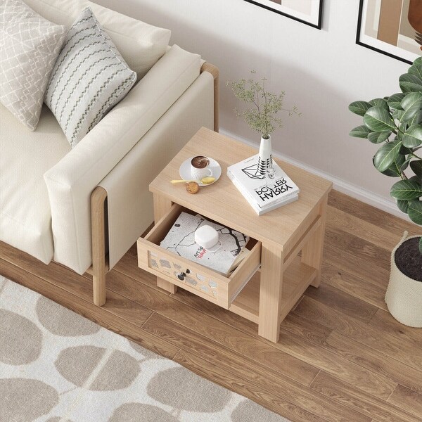 Wood Retro End Table with Mirrored Glass Drawer and Open Storage Shelf-Brown - 23.5