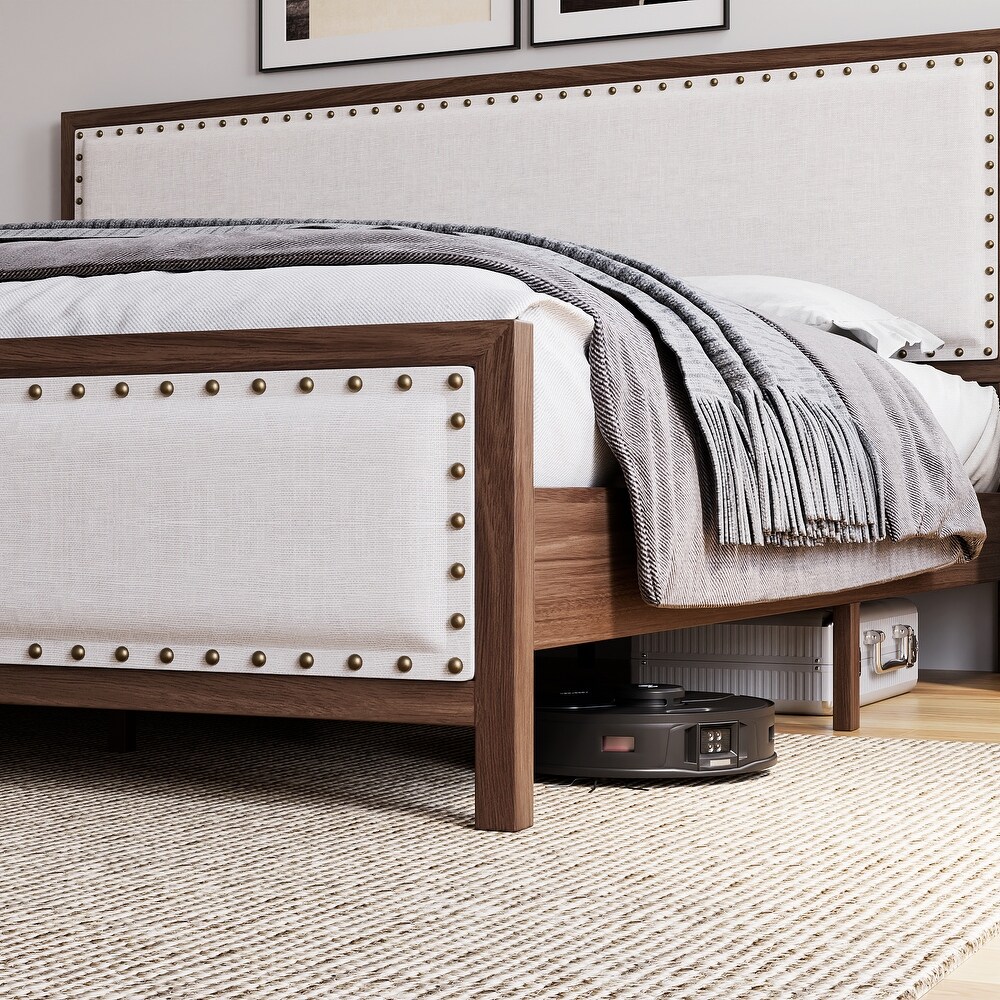 Upholstered Platform Bed with Linen Headboard and Footboard