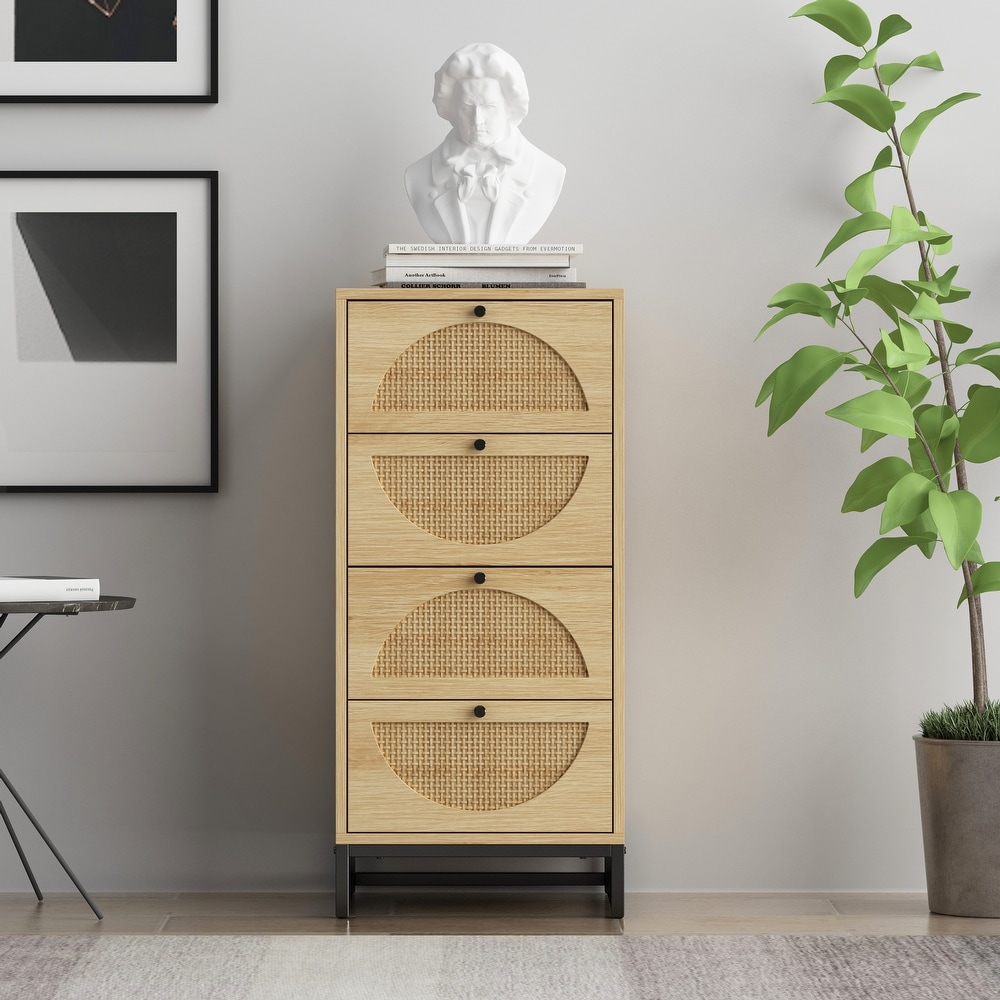 Natural rattan Cabinet with 4 drawers，Suitable for living room  bedroom and study，Diversified storage