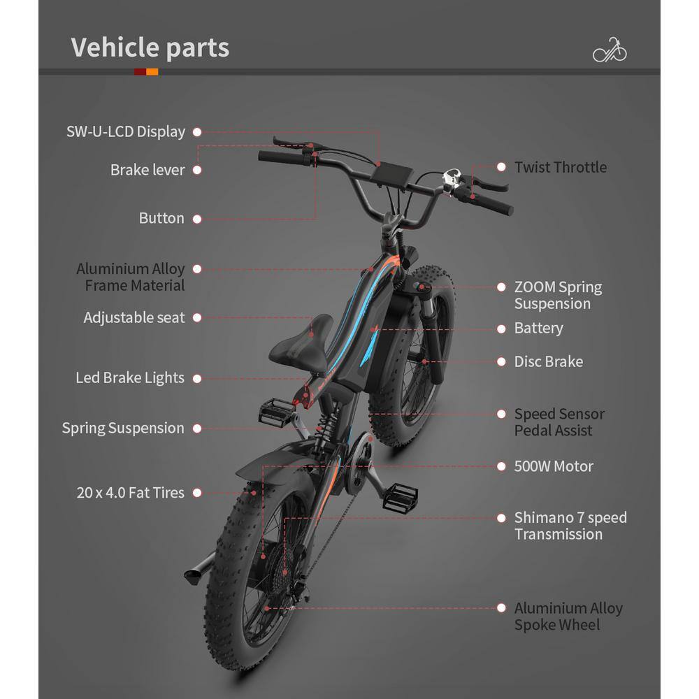 Afoxsos 20 in. Fat Tire Electric Bicycle 500-Watt Motor 48-Volt15 Ah Li-Battery HDMX2859