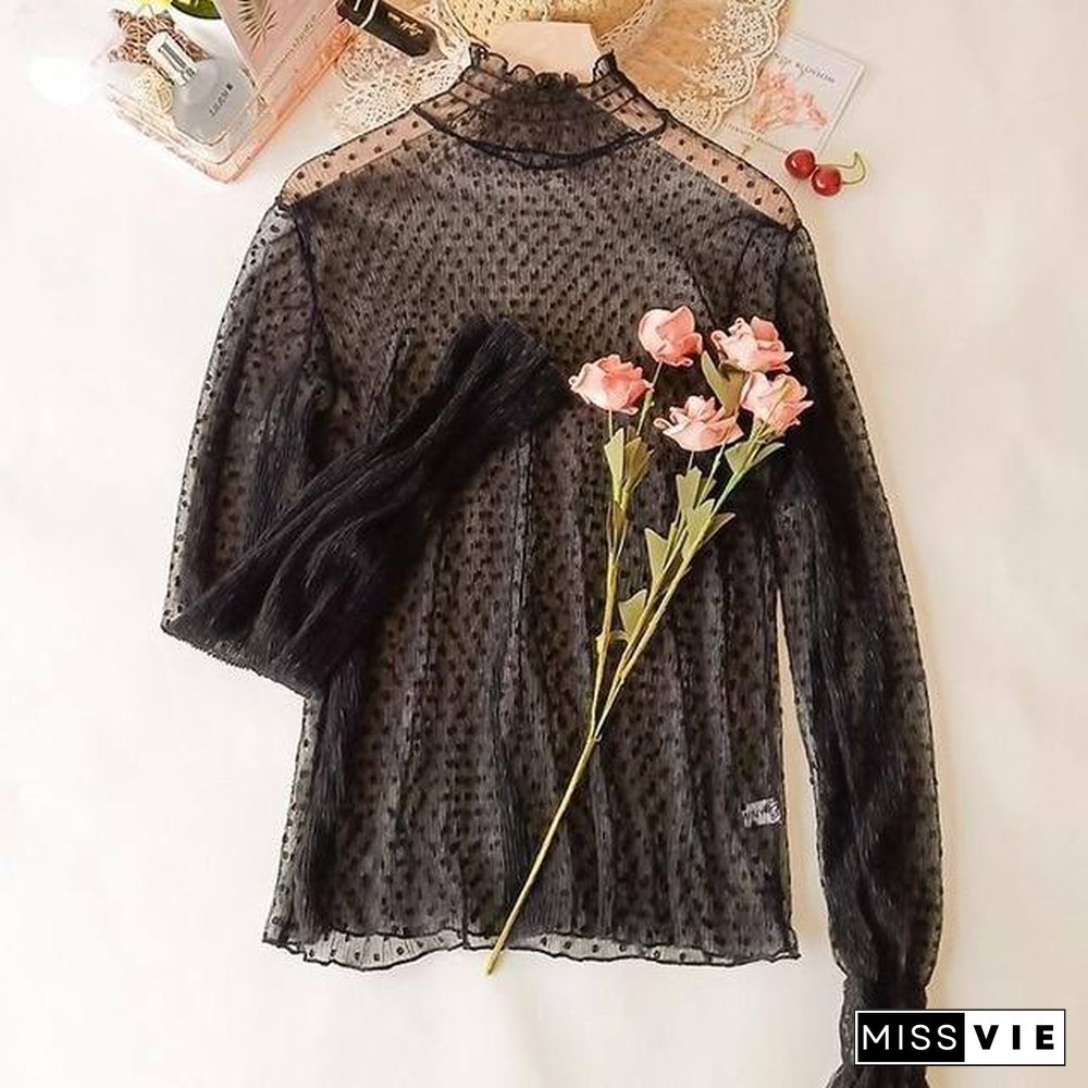 New Transparent Korean Loose Women Lace Blouse 3 Colors Female Bottoming Blouses Plus Size Cheaper Tops