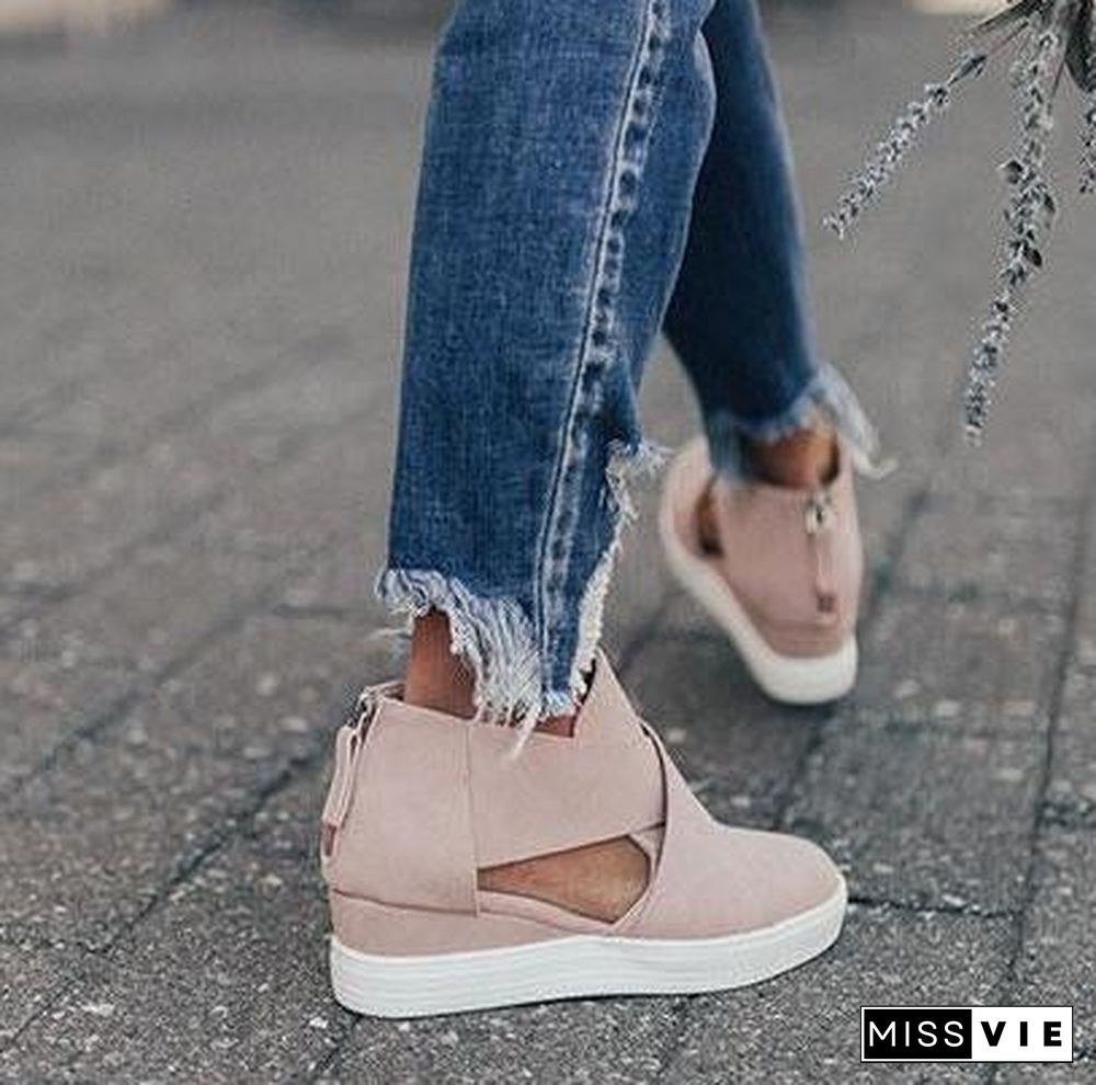 Women Solid High Flats wedges Heel Height Increasing Chunky Platform Vulcanized Sneakers Shoes