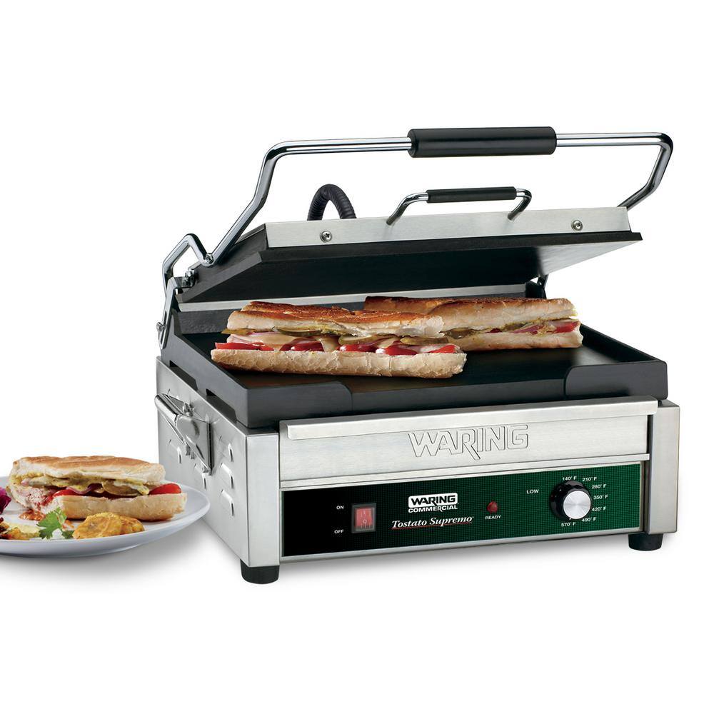 Waring Commercial Full-Sized 14 in. x 14 in. Flat Panini Grill Silver 120-Volt 14 in. x 14 in. Cooking Surface WFG275