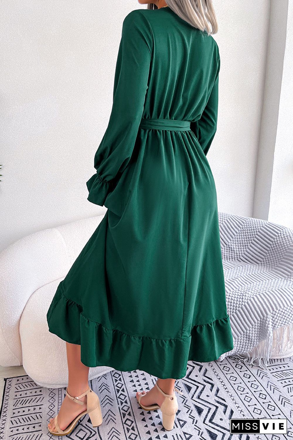 Plain V Neck Lace Edge Ruffles Maxi Dress