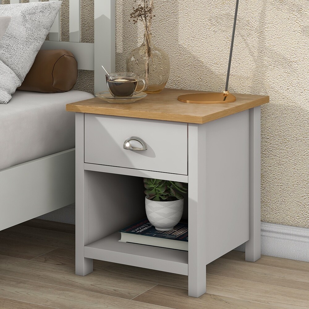 Elegant Solid Wood 1 Drawer Nightstand Side Table End Table Bedside Table with Oak Top for Living Room Bedroom  Gray