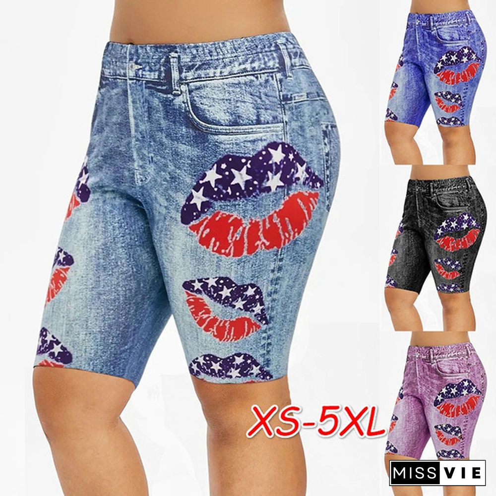 New Lips and Flag Print Women High Waist Leggings Short Faux Denim Fashion Capri Jegging Shorts Plus Size